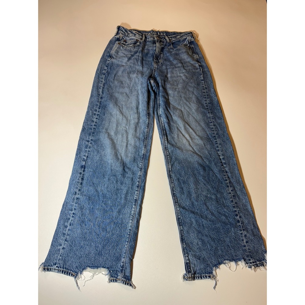 American Eagle Jeans Women's 8 Long Blue Wide Leg Raw Hem Real Good